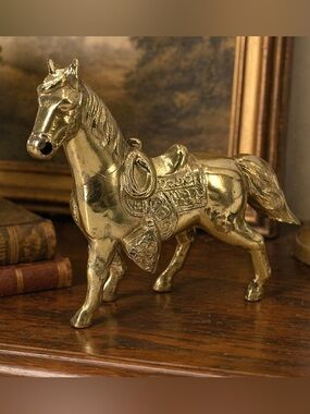 Vintage Gold Tone Cast Metal Horse Figurine Equestrian Decor 7.5"